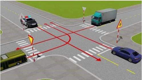 Hình minh họa câu 488: Theo hướng mũi tên, thứ tự các xe đi như thế nào là đúng quy tắc giao thông?