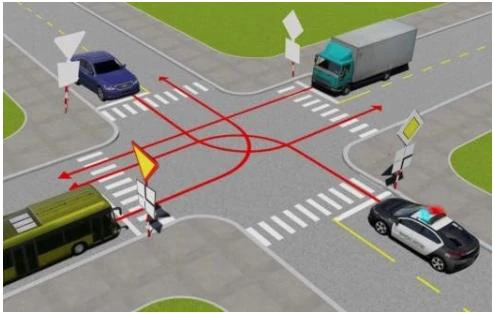 Hình minh họa câu 489: Theo hướng mũi tên, thứ tự các xe đi như thế nào là đúng quy tắc giao thông?
