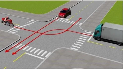 Hình minh họa câu 490: Theo hướng mũi tên, thứ tự các xe đi như thế nào là đúng quy tắc giao thông?
