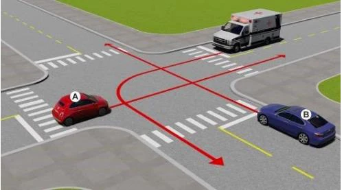 Hình minh họa câu 493: Thứ tự các xe đi như thế nào là đúng quy tắc giao thông?