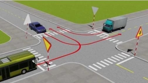 Hình minh họa câu 496: Theo hướng mũi tên, xe nào phải nhường đường đi cuối cùng qua nơi giao nhau này?