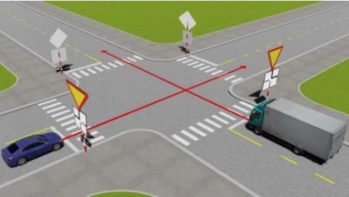 Hình minh họa câu 497: Theo hướng mũi tên, xe nào phải nhường đường là đúng quy tắc giao thông?
