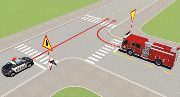 Hình minh họa câu 498: Xe nào được quyền đi trước trong trường hợp này?