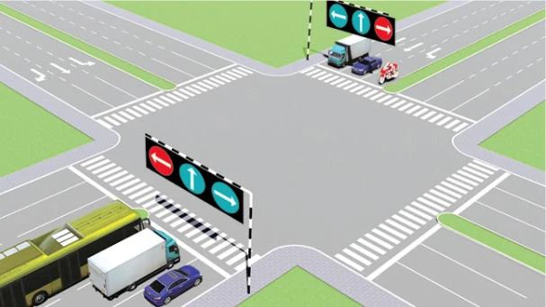Hình minh họa câu 500: Theo tín hiệu đèn, xe nào đi là đúng quy tắc giao thông?