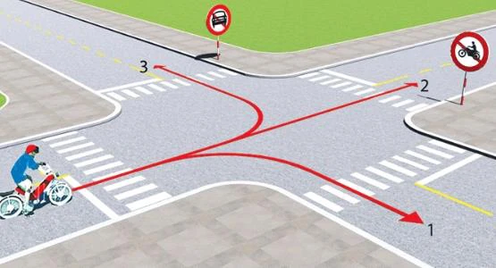Hình minh họa câu 507: Theo hướng mũi tên, những hướng nào xe gắn máy được phép đi?