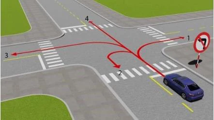 Hình minh họa câu 512: Theo hướng mũi tên, những hướng nào xe ô tô không được phép đi?