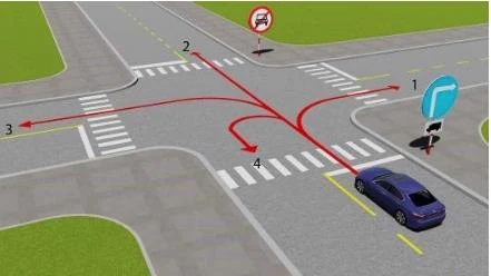 Hình minh họa câu 519: Theo hướng mũi tên, những hướng nào xe ô tô con được phép đi?
