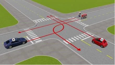 Hình minh họa câu 520: Theo hướng mũi tên, thứ tự các xe đi như thế nào là đúng quy tắc giao thông?