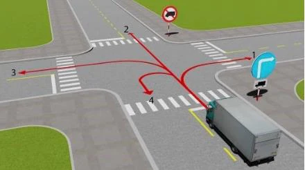 Hình minh họa câu 521: Theo hướng mũi tên, những hướng nào xe tải được phép đi?