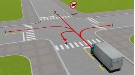 Hình minh họa câu 524: Những hướng nào xe ô tô tải được phép đi?