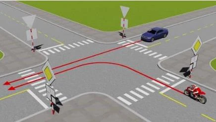 Hình minh họa câu 525: Xe nào được quyền đi trước trong trường hợp này?