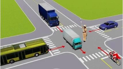 Hình minh họa câu 528: Các xe đi như thế nào là đúng quy tắc giao thông?