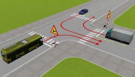 Hình minh họa câu 534: Theo hướng mũi tên, thứ tự các xe đi như thế nào là đúng quy tắc giao thông?