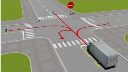 Hình minh họa câu 535: Những hướng nào xe ô tô tải được phép đi?