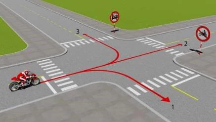 Hình minh họa câu 539: Theo hướng mũi tên, những hướng nào xe mô tô được phép đi?