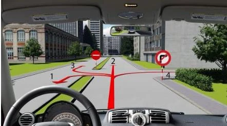 Hình minh họa câu 545: Người lái xe điều khiển xe đi theo hướng nào là đúng quy tắc giao thông?